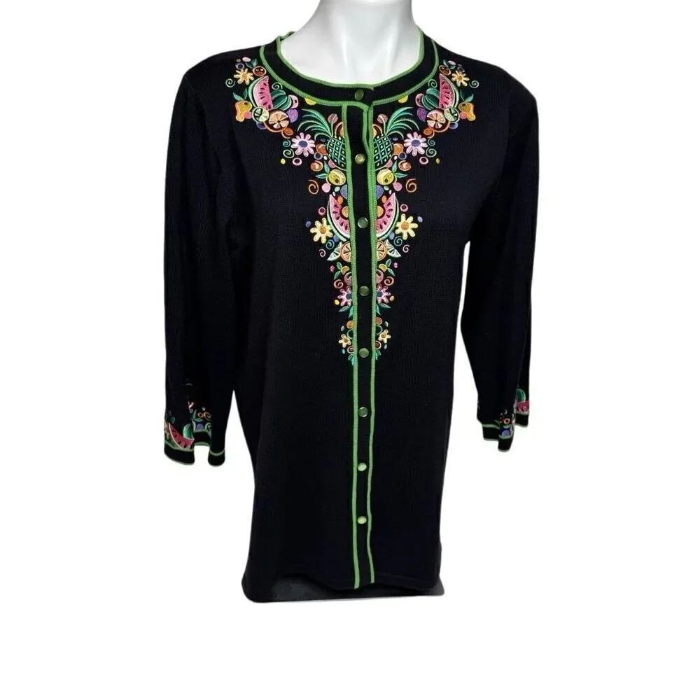 Bob Mackie black fruit embroidered 3/4 sleeve button up cardigan size M